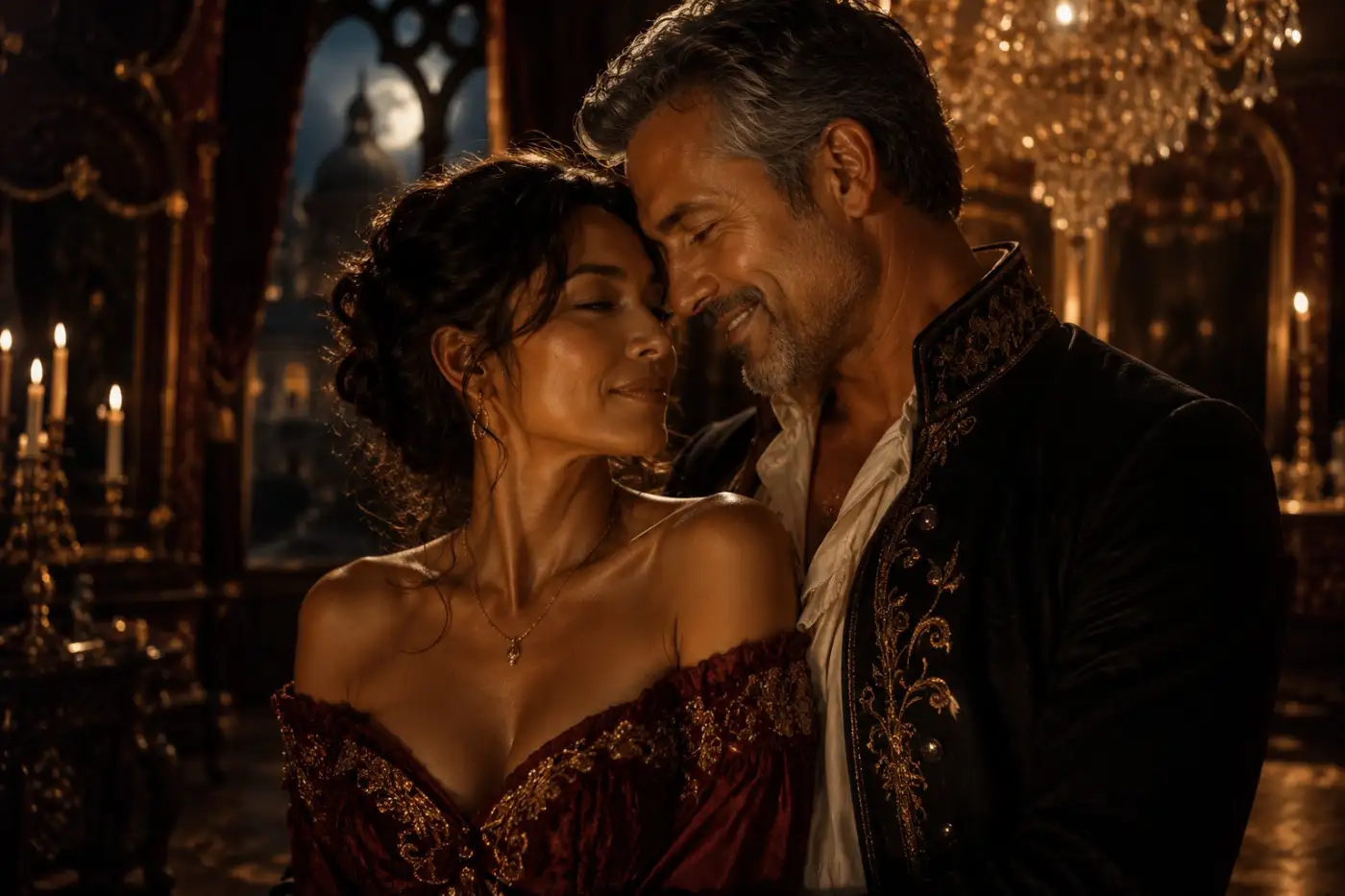 A couple in a candlelit Venetian ballroom